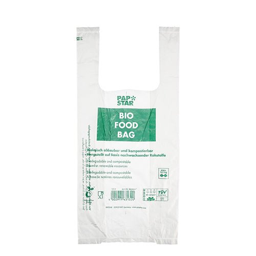 En transparent biofoliepåse med texten "BIO FOOD BAG" med grön text från PAPSTAR GmbH. Denna miljövänliga skjortbärväska är biologiskt nedbrytbar, komposterbar och kommer som en rulle med 100 knutpåsar.
