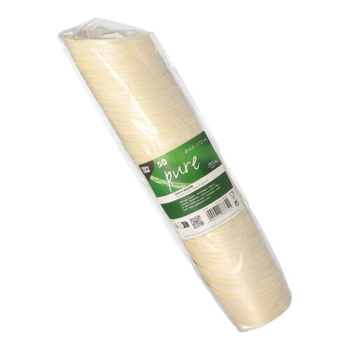 Ett paket med 50 PAPSTAR trä „pure“ snacksbägare (7,2 cm höga) från PAPSTAR GmbH, förpackade i transparent folie med grön-vitt etikett – perfekt för miljövänlig servering av snacks.