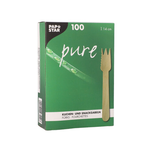 En grön PAPSTAR "pure" box innehåller 100 trä tårt- och snacksgafflar (14 cm, tandad) i en pappbricka. Framsidan visar en bild av en gaffel och en tysk, fransk och engelsk text som framhäver dessa som idealiska tårt- och snacksgafflar.