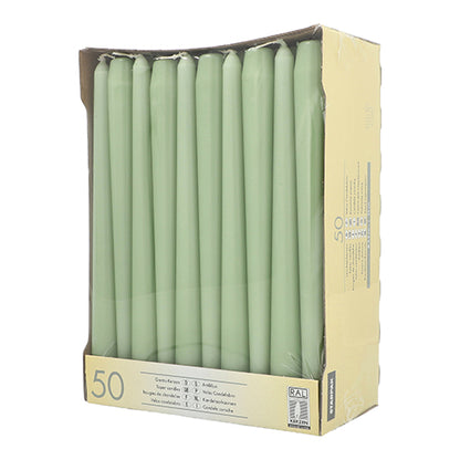 En kartong visar 50 Starpak ljusljus (Ø 2,2 cm - 25 cm) vita med lång brinntid, upprätt i rader. Framsidan är öppen för att betrakta ljusen; på sidorna är produktinformation och varumärket Starpak tryckt.