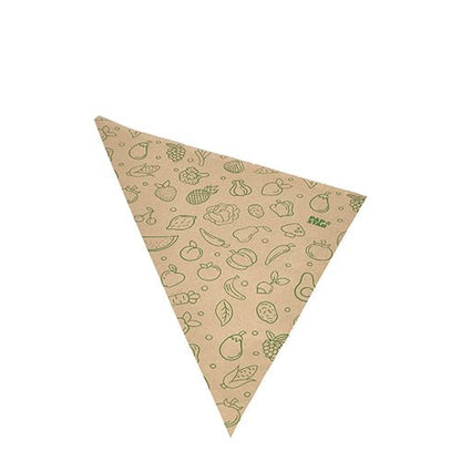 De PAPSTAR 1000 spetsstrutar, brunt kraftpapper "Fruits & Vegs" från PAPSTAR GmbH är miljövänliga, bruna trekantiga pappersservetter med grönt inramade frukt- och grönsaksillustrationer.