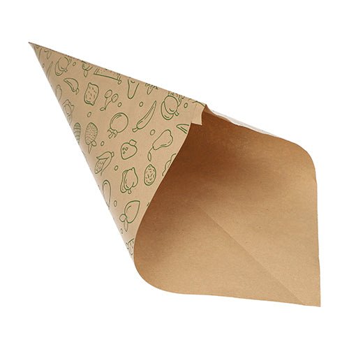 De PAPSTAR 1000 spetsstrutar kraftpapper brunt "Fruits & Vegs" från PAPSTAR GmbH är en stilfull, miljövänlig påse med grönt frukt- och grönsaksmotiv inuti, idealisk för hållbar servering av snacks. Visas tomma på vit bakgrund.