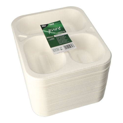 100 vita PAPSTAR förseglingsskålar av sockerrör, 3-delade, 925 ml per skål, hållbart förpackade i ett grön-vitt band. Från PAPSTAR GmbH.