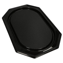 Die Starpak 10 Servierplatten von Starpak sind schwarze, achteckige PET-Schalen mit glänzender Oberfläche, strukturierter ovaler Mitte und glatten, erhöhten Kanten – perfekt für die stilvolle Präsentation von Speisen bei Catering-Events.