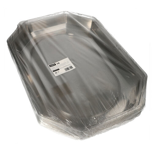 En stapel ovala Starpak 10-lock för serveringsbrickor från Starpak av transparent PET, insvepta i genomskinlig plast med en streckkod och en produktinformationsetikett på toppen, säkerställer optimal fräschör för serveringsbrickor med vinklade kanter.
