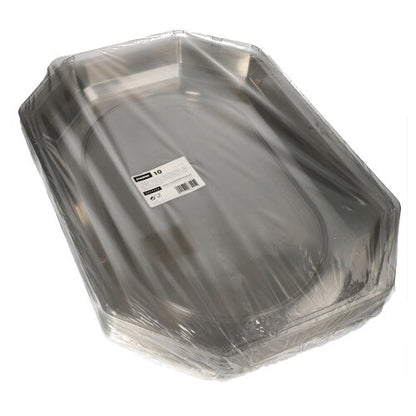 En stapel ovala Starpak 10-lock för serveringsbrickor från Starpak av transparent PET, insvepta i genomskinlig plast med en streckkod och en produktinformationsetikett på toppen, säkerställer optimal fräschör för serveringsbrickor med vinklade kanter.