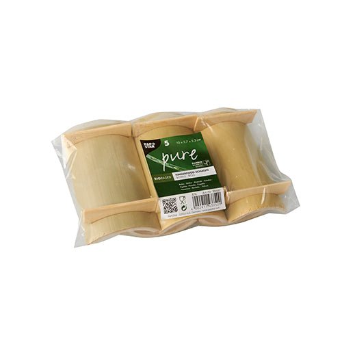 Ett set med fem fyrkantiga PAPSTAR fingerfood-skålar av bambu "pure", vardera 10x5,7 cm, i plastförpackning med grön etikett från PAPSTAR GmbH - idealiska för såser och snacks.
