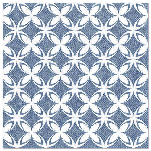Ein sich wiederholendes geometrisches Muster aus weißen Ovalen bildet blumenartige Muster auf Blau, die an die 50 Servietten "ROYAL Collection" (1/4-Falz, 40x40 cm) der PAPSTAR GmbH erinnern und jedem gedeckten Tisch eine raffinierte Eleganz verleihen.
