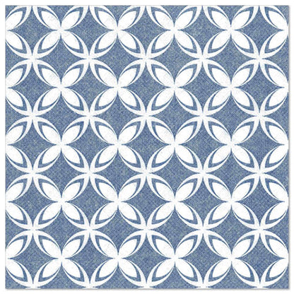 Ein sich wiederholendes geometrisches Muster aus weißen Ovalen bildet blumenartige Muster auf Blau, die an die 50 Servietten "ROYAL Collection" (1/4-Falz, 40x40 cm) der PAPSTAR GmbH erinnern und jedem gedeckten Tisch eine raffinierte Eleganz verleihen.