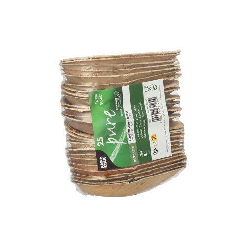 En stapel av 25 PAPSTAR fingerfood-skedar av palmblad, 12 cm "Asia"-design, i krympfilm med en grön-vit etikett som anger storlek, mängd, miljövänliga symboler och noteringen att de är biologiskt nedbrytbara. Märke: PAPSTAR GmbH.