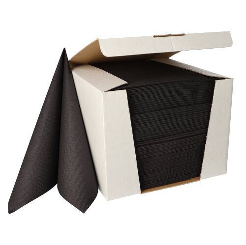 I en vit kartonglåda från PAPSTAR I förpackningen finns 100 svarta servetter med 1/4-veck (40x40 cm) ur ”ROYAL Collection”, varav två lyxiga servetter har delvis lossnat och står upprätt bredvid förpackningen.