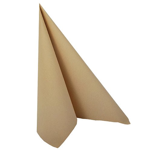En enda brun PAPSTAR 100 servetter ”ROYAL Collection” 1/4-vikning (40x40 cm) Servett från PAPSTAR GmbH är vikt på högkant till en triangel och placerad på en vit bakgrund.