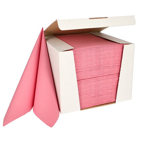 En vit låda från PAPSTAR GmbH från ROYAL Collection, 40x40 cm, 100 rosa servetter i 1/4-vikning, den övre fliken öppen med två delvis utdragna servetter.