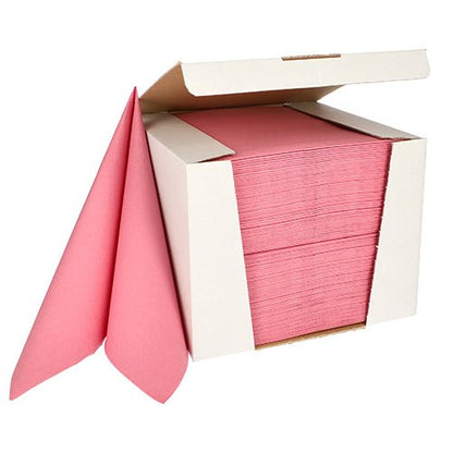 En vit låda från PAPSTAR GmbH från ROYAL Collection, 40x40 cm, 100 rosa servetter i 1/4-vikning, den övre fliken öppen med två delvis utdragna servetter.