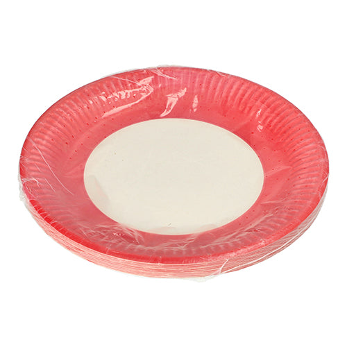 Den PAPSTAR 20 tallrikar, papper rund Ø 23 cm från PAPSTAR GmbH har en röd kant och en vit mitt, levereras i en transparent plastförpackning och är idealisk för evenemang – här avbildad på vit bakgrund.