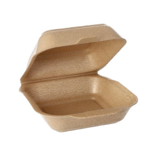 En enskild öppen Starpak 125 hamburgarlåda stor med lock (XPP, 7x15x15 cm, beige), gjord av miljövänlig film för säker transport av hamburgare, är avbildad mot en vit bakgrund.