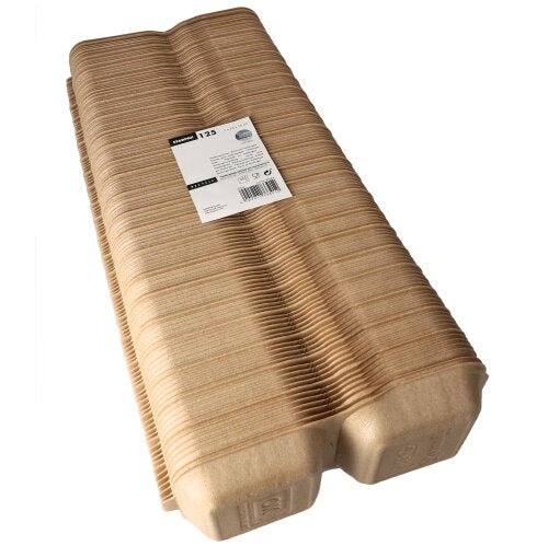 En stapel Starpak 125 hamburgarlådor stora med lock, XPP 7x15x15cm beige (125 stycken) visas, buntad med en etikett ovanpå – idealisk för transport och servering av hamburgare.