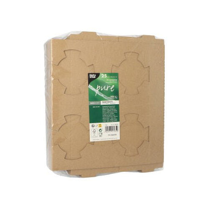 Ein Stapel PAPSTAR Tragetabletts "pure" braun för 4 soppskålar (25 stycken), kartong, folie-förpackad, med grön-vit etikett och produktinformation från PAPSTAR GmbH, 3,6x19,8x24,1 cm.