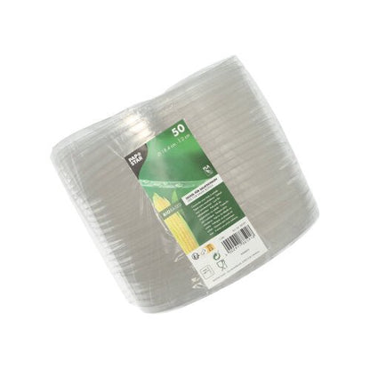 En förpackning med 50 transparenta, runda salladsskållock av PLA från PAPSTAR GmbH (2 cm höga), idealiska för att hålla sallader färska och perfekt passande till transparenta plasttallrikar.