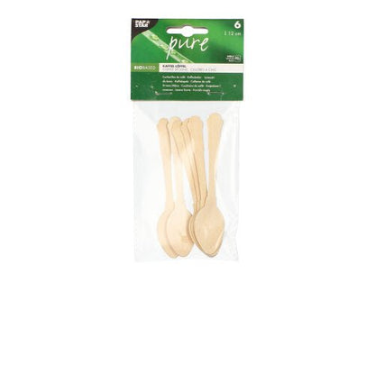I en genomskinlig plastpåse finns sex PAPSTAR kaffeskedar trä "pure" 12 cm i vintage-design från PAPSTAR GmbH, med grön etikett - biobaserad och idealisk för miljövänliga kaffestunder.