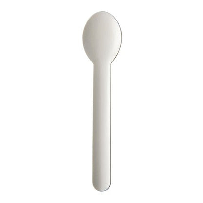 Mot en vit bakgrund finns en miljövänlig, vit PAPSTAR sked av papper "pure" (15,5 cm, 20 stycken) från PAPSTAR GmbH.