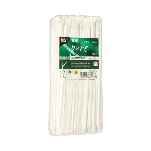 En genomskinlig plastförpackning innehåller 100 vita PAPSTAR GmbH papperssugrör (6 mm x 20 cm) med en grön-vit etikett som visar varumärket, miljövänliga symboler och produktdetaljer.