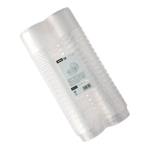 Förpackningen Starpak 38 delikatessbägare innehåller 38 genomskinliga, runda 180 ml PP-bägare (Ø 9,5 cm, H 4,5 cm) med originalförslutning, staplade och förpackade i krympfolie med en central vit etikett med produktdetaljer – idealisk för servering av delikatessprodukter.