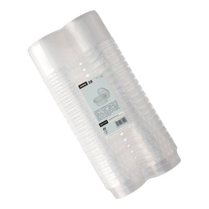 Förpackningen Starpak 38 delikatessbägare innehåller 38 genomskinliga, runda 180 ml PP-bägare (Ø 9,5 cm, H 4,5 cm) med originalförslutning, staplade och förpackade i krympfolie med en central vit etikett med produktdetaljer – idealisk för servering av delikatessprodukter.