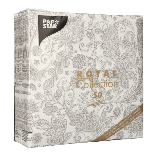 Ein 50er-Pack PAPSTAR Servietten "ROYAL Collection" 40x40 cm, 1/4-Falz in Grau mit elegantem Blumen- und Paisleymuster, aus hochwertigem Material, originalverpackt von PAPSTAR GmbH.