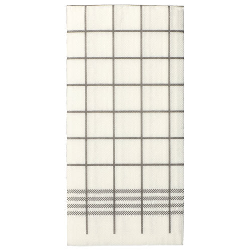 En vit, 2-lagers servett "Kitchen Towel" med grått rutnät och diagonala linjer, liknande de PAPSTAR 30 servetterna "PUNTO" 1/8-fals, 39x40cm, mikropräglade från PAPSTAR GmbH.