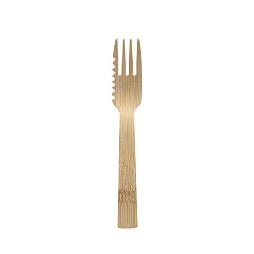 Die PAPSTAR GmbH kak- och snacksgafflar av bambu (14,5 cm, tandad, 50 stycken) har tre gaffeltänder och en tandad kant - ett miljövänligt engångsbestick, avbildat på en enkel vit bakgrund.