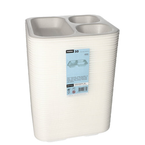 En stapel Starpak 50 förseglingsbrickor – vita, laminerade XPS-skålar med tre fack (4,2 × 24,5 × 26,5 cm), insvepta i genomskinlig plastfolie och försedda med en blå etikett – idealiska för gastronomi och livsmedelsförpackningar.