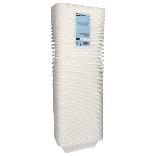 Avbildad är en hög stapel av Starpak 100 förseglingsskålar, XPS vit laminerad, i plastfolie med blå frontetikett med produktinformation - idealisk för användning inom gastronomi.