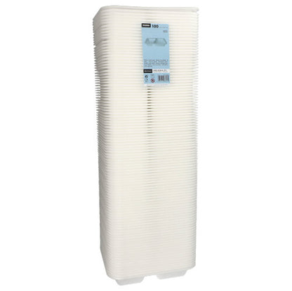En stapel av 100 vitlaminerade XPS-2-fack-skålar från Starpak, kallad "Starpak 100 förseglingsskålar", är insvept i plastfolie och försedd med en blå etikett – perfekt som livsmedelsförpackning.