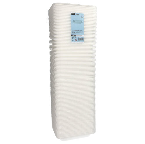 Avbildad är en hög stapel vita, rektangulära Starpak 100 förseglingsskålar, XPS vit laminerad, från Starpak. Den översta skålen har en blå produktetikett som framhäver denna praktiska förpackningslösning.