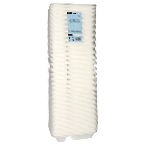 En stapel av 100 Starpak livsmedelsskålar av vit, laminerad XPS med två fack, förhöjda kanter, rektangulär form och en blå etikett på toppen. Märke: Starpak.