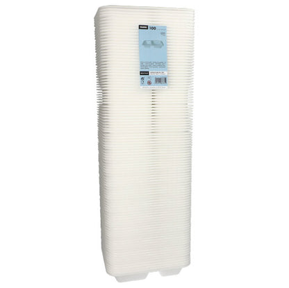 Avbildad är en hög stapel vita, rektangulära plastlivsmedelsbehållare från Starpak med texten "Starpak 100 förseglingsskålar, XPS 2-delad vit laminerad".