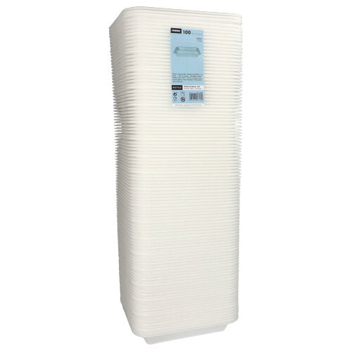 En vertikal stapel av Starpak 100 förseglingsskålar XPS 2-delad vit laminerad, tillverkad av lätt skum, med en produktetikett på den övre skålen.