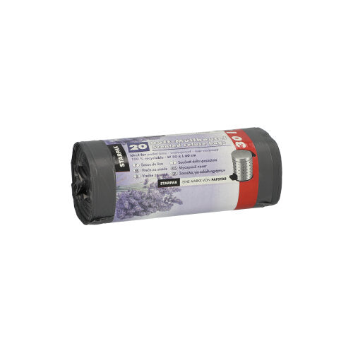 Eine Rolle Starpak 20 Müllbeutel aus LDPE, grau mit Lavendelduft (30 l, 60x50 cm), enthält 20 Duftbeutel pro Packung. Das Etikett zeigt Produktdetails sowie ein Lavendelbild.