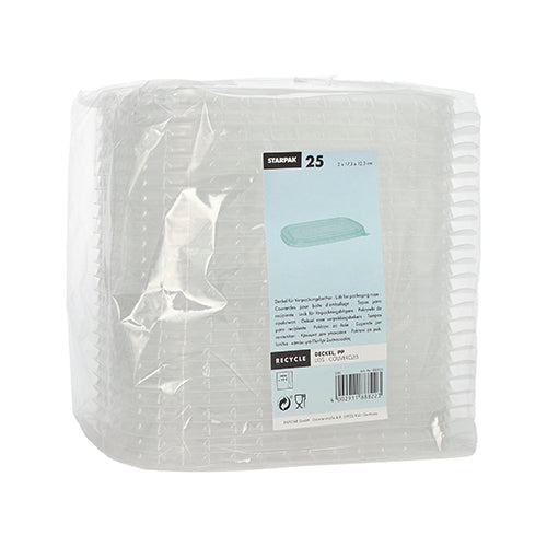 Ett paket med 25 rektangulära, transparenta Starpak PP-lock för förpackningsbägare (1 x 17,3 x 12,3 cm) är insvept i plast och har en blå-vit etikett på framsidan med produkt- och återvinningsinformation.