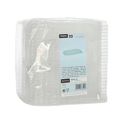 Ett paket med 25 rektangulära, transparenta Starpak PP-lock för förpackningsbägare (1 x 17,3 x 12,3 cm) är insvept i plast och har en blå-vit etikett på framsidan med produkt- och återvinningsinformation.