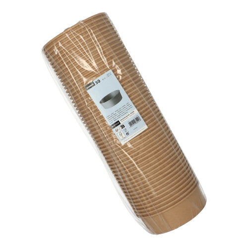 Ett 50-pack Starpak runda bruna salladsskålar av papper med PE-beläggning, plastförseglade, staplade, framtill med vit produktetikett och streckkod - mångsidigt användbara.