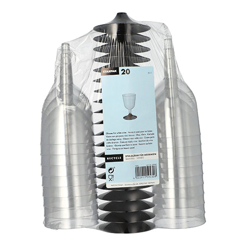 En stapel med 20 Starpak stjälkglas för vitt vin av klar PS är tillsammans inslagna i folie, med en ljusblå etikett som visar produktinformation och en enkel illustration av ett vinglas i elegant design.