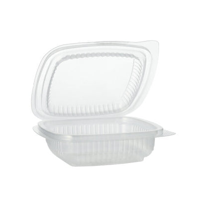 En Starpak 100 förpackningsbägare med viklock, rektangulär och transparent av PP, är halvöppen mot vit bakgrund.