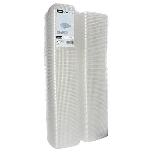 Ett paket med 100 transparenta, rektangulära Starpak-förpackningsbägare med viklock (PP), buntade i plast med en produktetikett på framsidan.