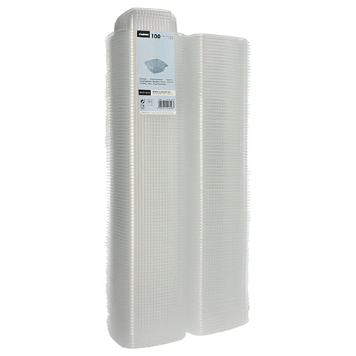 Ett paket med 100 transparenta, rektangulära Starpak-förpackningsbägare av PP med viklock står upprätt. En Starpak-etikett på toppen visar detaljer om dessa mångsidiga bägare och deras mängd.