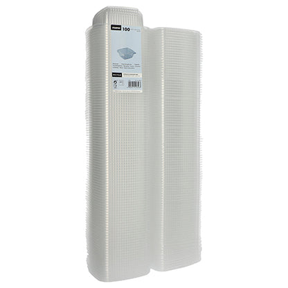 Ett paket med 100 transparenta, rektangulära Starpak-förpackningsbägare av PP med viklock står upprätt. En Starpak-etikett på toppen visar detaljer om dessa mångsidiga bägare och deras mängd.