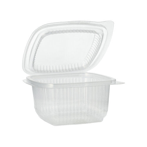 Starpak 100 förpackningsbägare med viklock, PP rektangulär, transparent är öppen och tom framför en enkel vit bakgrund.