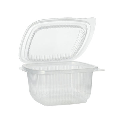 Starpak 100 förpackningsbägare med viklock, PP rektangulär, transparent är öppen och tom framför en enkel vit bakgrund.