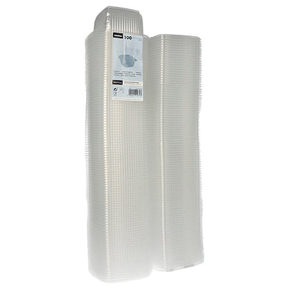 Två staplar Starpak 100 förpackningsbägare med viklock, PP rektangulär, transparent är avbildade bredvid varandra. Varje har en gitterliknande struktur, och en stapel har en produktetikett fäst på toppen. Märke: Starpak.